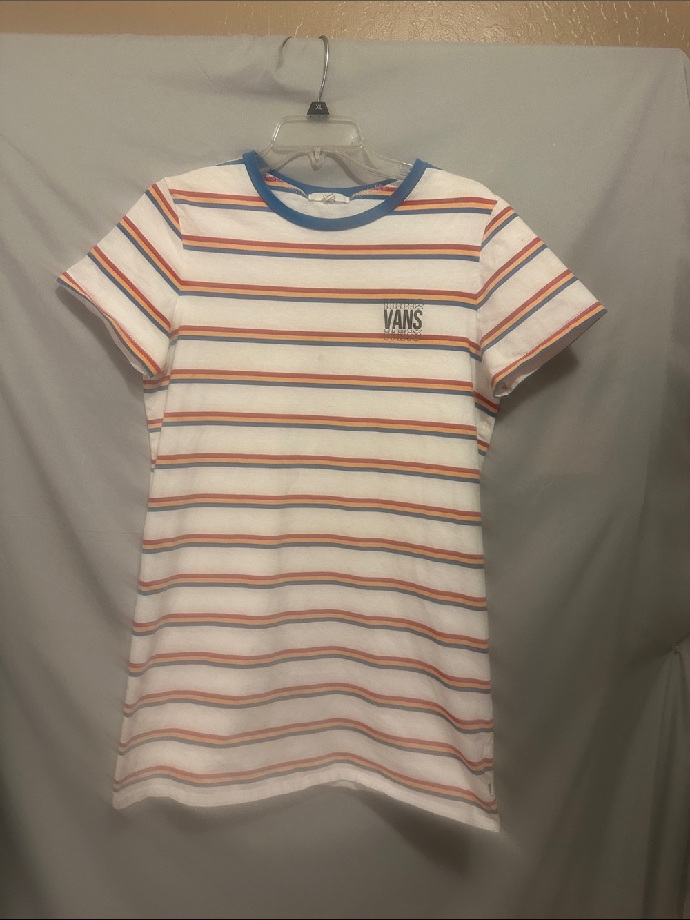 Vans White Stripe Tee with Blue, Orange & Red Accents